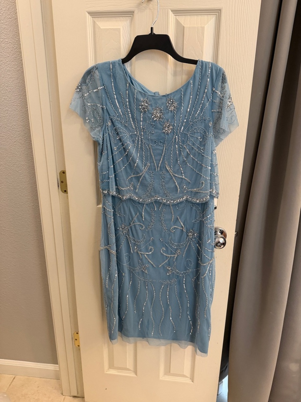Adrianna Papell Sky Blue Beaded Midi Dress with Embellished Overlay